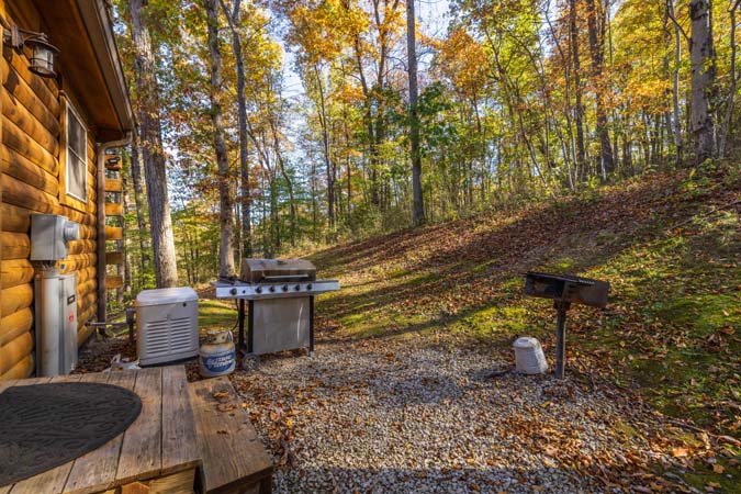 Comfortable seating and fireplace at Little Pine Cabin